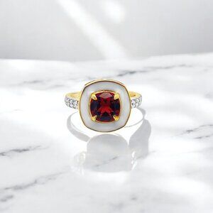Garnet and White Enamel Ring in 22kt Yellow Gold Plated 925 Sterling Silver
